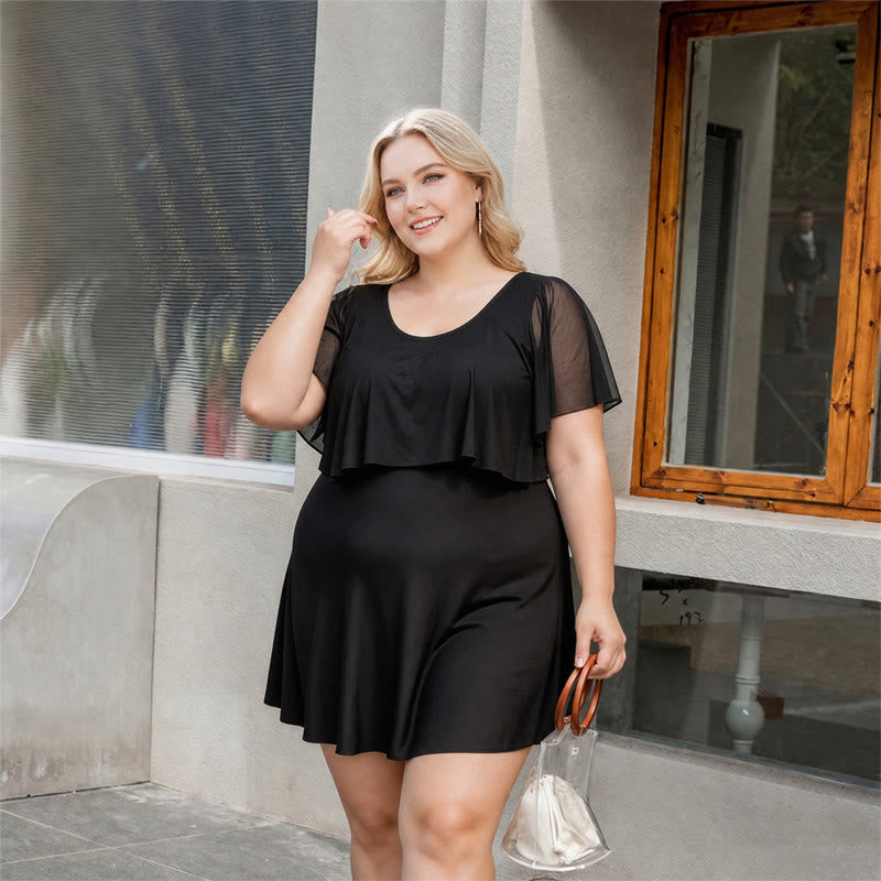 Badekleid mit Rüschenärmeln und V-Ausschnitt - Schwarz - 5XL - image 2