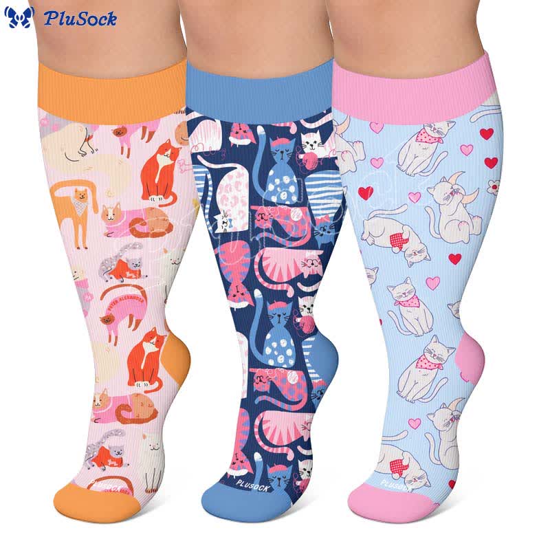 Plus-Size-Kompressionsstrümpfe mit niedlicher Katze - image 0