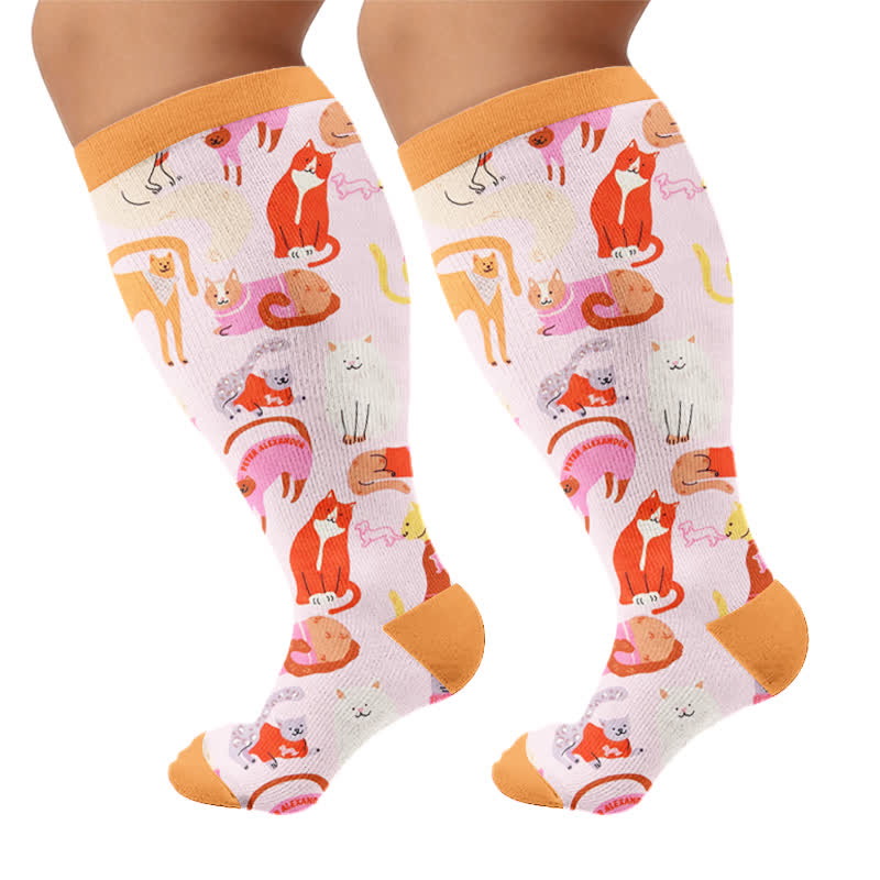 Plus-Size-Kompressionsstrümpfe mit niedlicher Katze - Orange (1 Paar) - 4XL - image 8