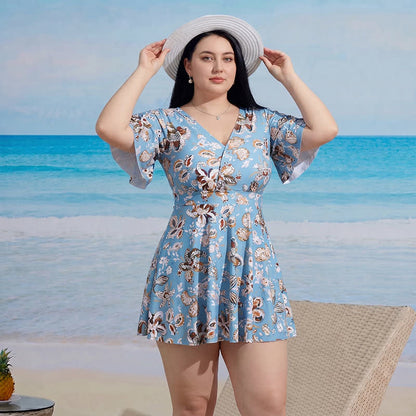 Badekleid mit V-Ausschnitt, ausgestellten Ärmeln und Bauchkontrolle - A - 9XL - Zweiteiler - image 0
