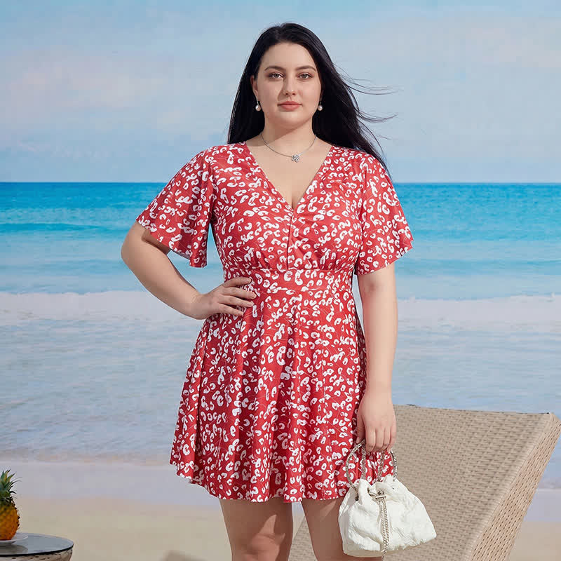 Badekleid mit V-Ausschnitt, ausgestellten Ärmeln und Bauchkontrolle - B - 9XL - Zweiteiler - image 1