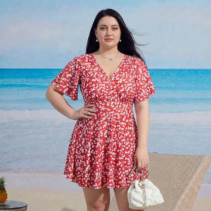 Badekleid mit V-Ausschnitt, ausgestellten Ärmeln und Bauchkontrolle - B - 9XL - Zweiteiler - image 1