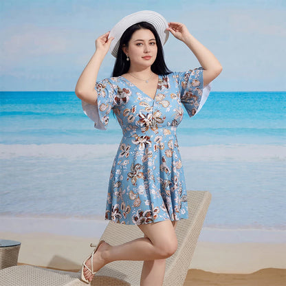 Badekleid mit V-Ausschnitt, ausgestellten Ärmeln und Bauchkontrolle - image 4