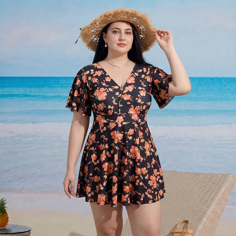Geblümtes Badekleid mit V-Ausschnitt - B - 9XL - Zweiteiler - image 1