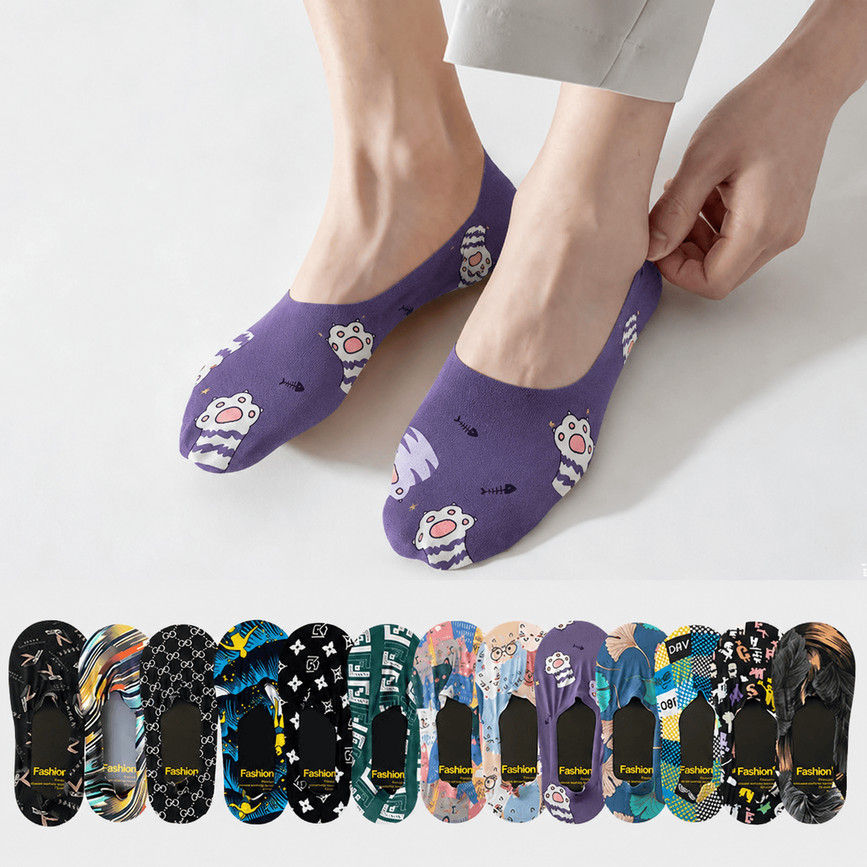 Verspielte, unsichtbare Socken mit Cartoon-Tiermuster (7 Paar) - image 0
