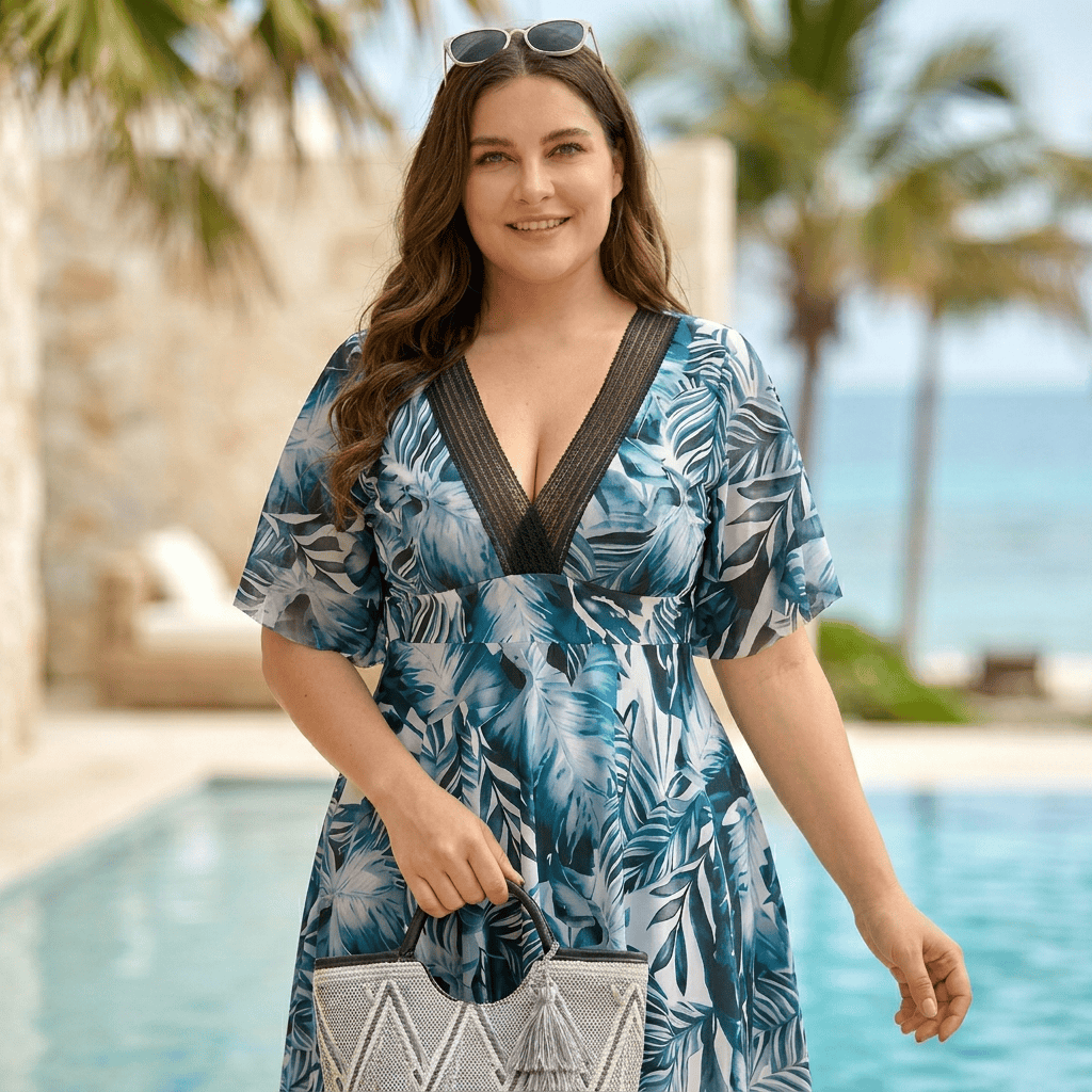 rückenfreies Badekleid mit tropischem Blattmuster - Blau - 3XL - image 0