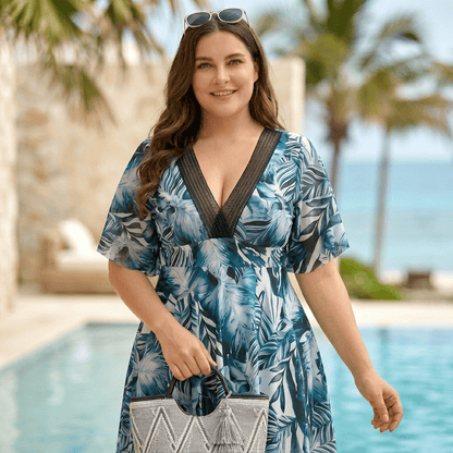 rückenfreies Badekleid mit tropischem Blattmuster - Blau - 3XL - image 0