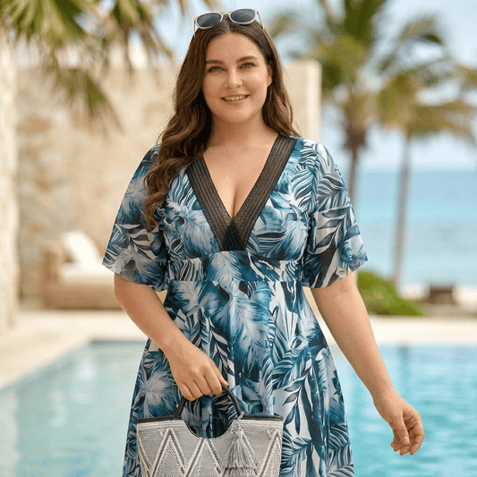 rückenfreies Badekleid mit tropischem Blattmuster - Blau - 3XL - image 0
