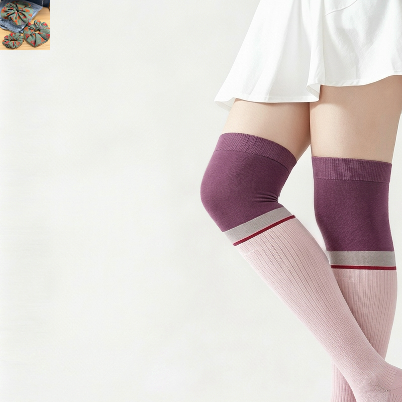 Plus Size Colorblock Rippstrick-Oberschenkelhohe Kompressionsstrümpfe - Lila - EU35-40 (US2-7) - image 5