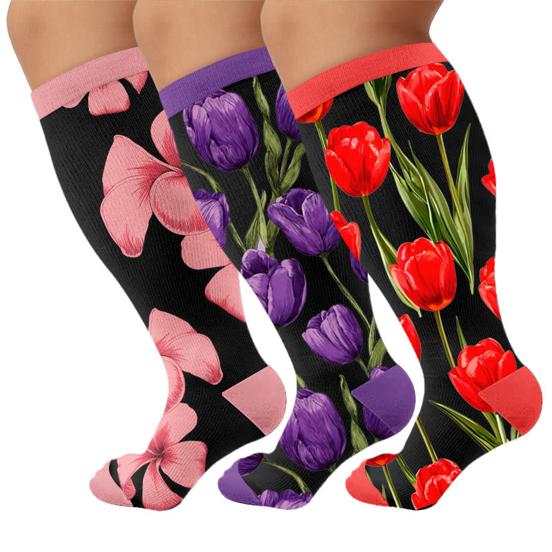 Tulpenblüten-Kompressionsstrümpfe in Übergröße - Mehrfarbig (3 Paare) - 4XL - image 4