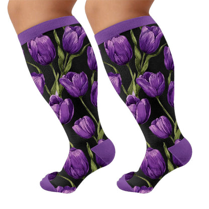 Tulpenblüten-Kompressionsstrümpfe in Übergröße - Lila (1 Paar) - 4XL - image 9