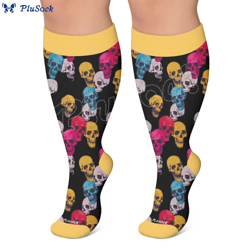 Kompressionsstrümpfe mit Blumenmuster und Totenkopf in Übergröße - image 7