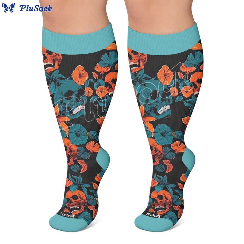 Kompressionsstrümpfe mit Blumenmuster und Totenkopf in Übergröße - image 6
