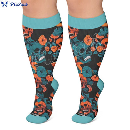 Kompressionsstrümpfe mit Blumenmuster und Totenkopf in Übergröße - image 6