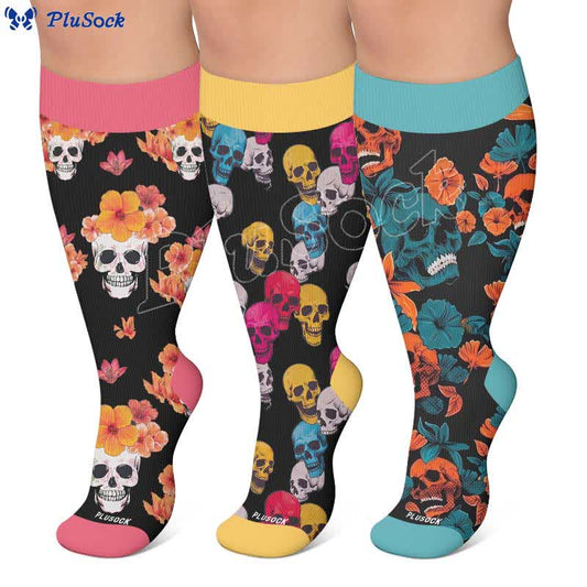 Kompressionsstrümpfe mit Blumenmuster und Totenkopf in Übergröße - image 0