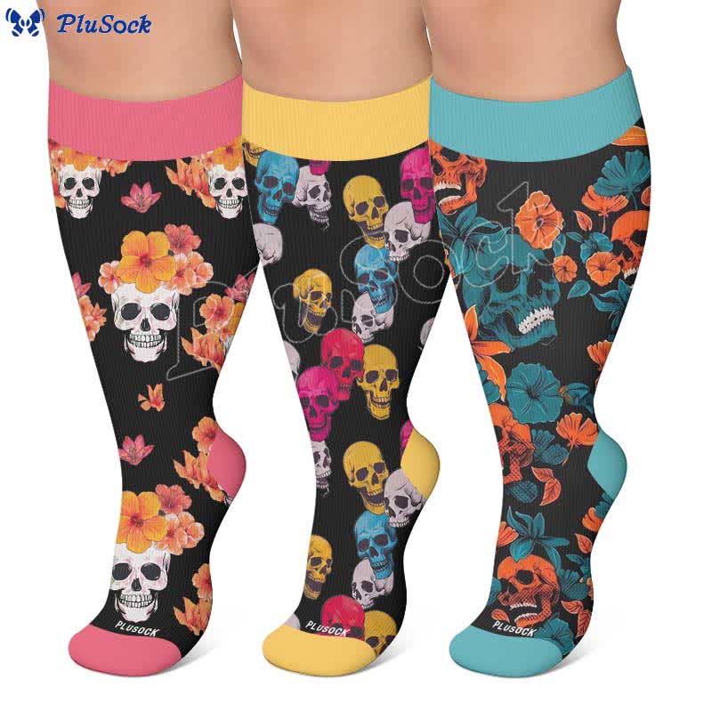 Kompressionsstrümpfe mit Blumenmuster und Totenkopf in Übergröße - image 0
