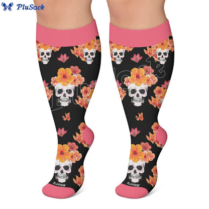 Kompressionsstrümpfe mit Blumenmuster und Totenkopf in Übergröße - image 5