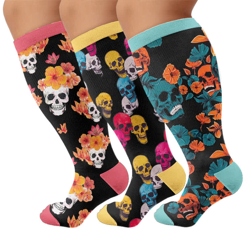 Kompressionsstrümpfe mit Blumenmuster und Totenkopf in Übergröße - Mehrfarbig (3 Paare) - 4XL - image 4