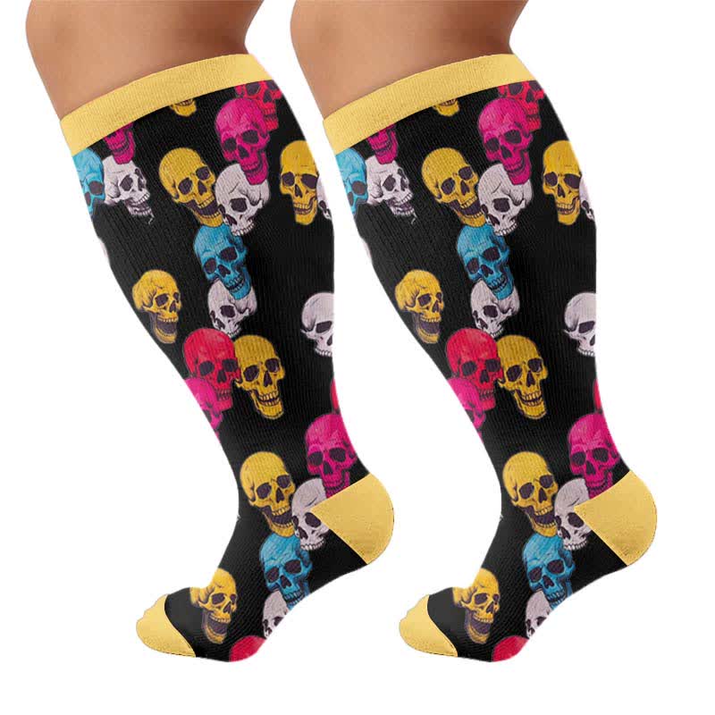 Kompressionsstrümpfe mit Blumenmuster und Totenkopf in Übergröße - Gelb (1 Paar) - 4XL - image 8