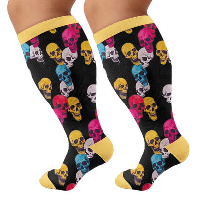 Kompressionsstrümpfe mit Blumenmuster und Totenkopf in Übergröße - Gelb (1 Paar) - 4XL - image 8