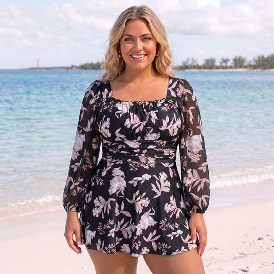 Bademode mit Blumenmuster und eckigem Ausschnitt - Schwarz - 7XL - image 0