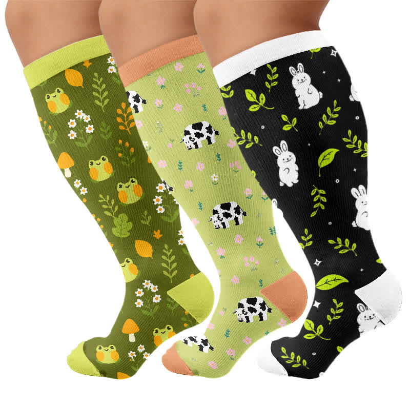 Kompressionsstrümpfe mit Frosch-, Kuh- und Kaninchenmotiv in Übergröße - Mehrfarbig (3 Paare) - 4XL - image 4