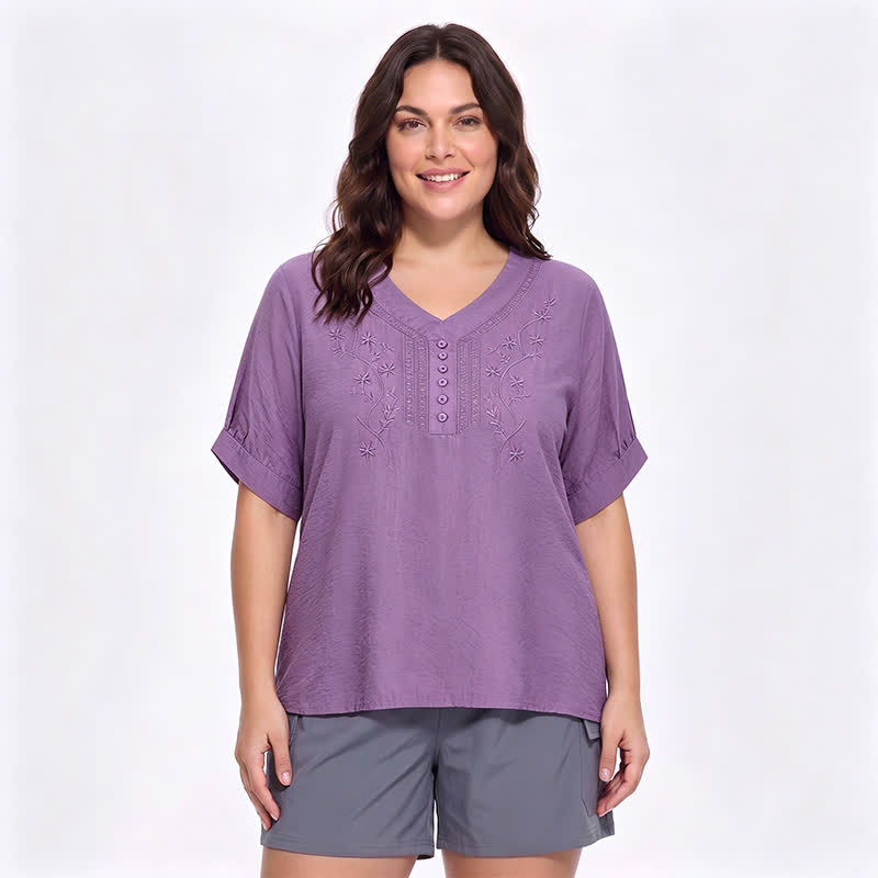 Bestickte, lässige Bluse in Übergröße - Lila - 5XL - image 0