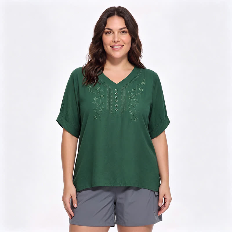 Bestickte, lässige Bluse in Übergröße - Grün - 5XL - image 8