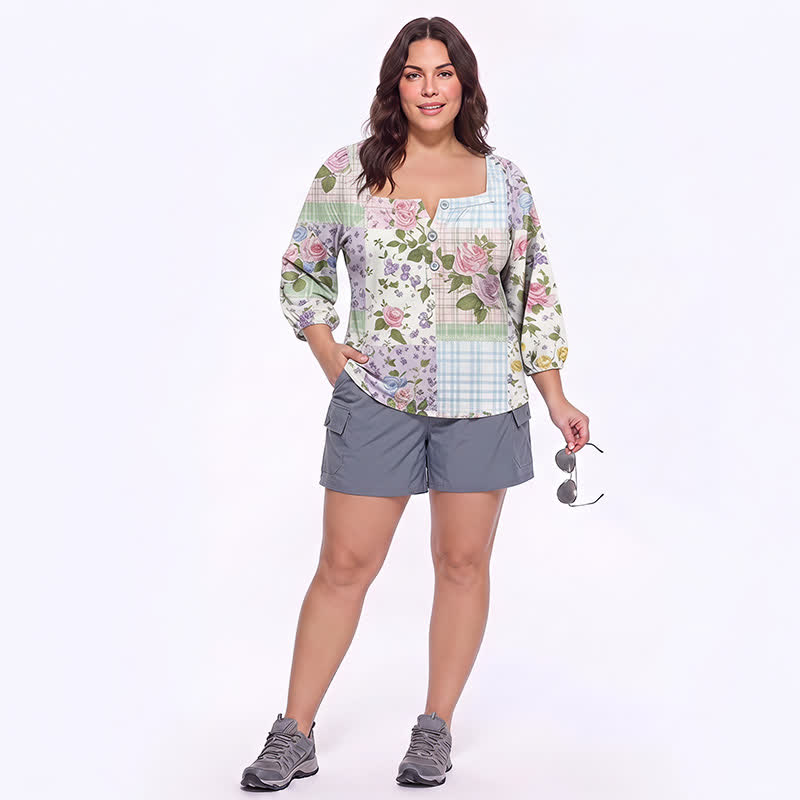 Bluse mit Blumenmuster und eckigem Ausschnitt in Übergröße - image 22