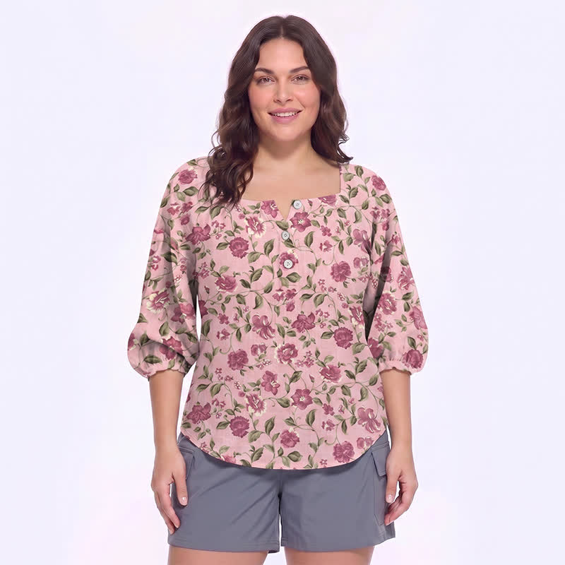 Bluse mit Blumenmuster und eckigem Ausschnitt in Übergröße - C - 5XL - image 16