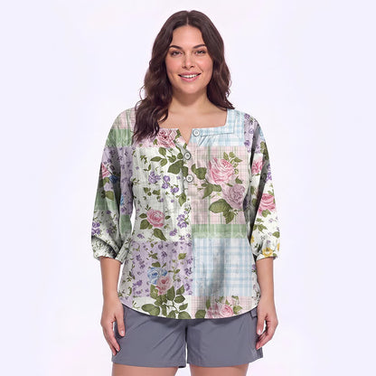 Bluse mit Blumenmuster und eckigem Ausschnitt in Übergröße - E - 5XL - image 20