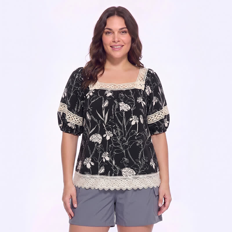 Vintage Bluse mit floraler Spitze und eckigem Ausschnitt - Schwarz - 4XL - image 0