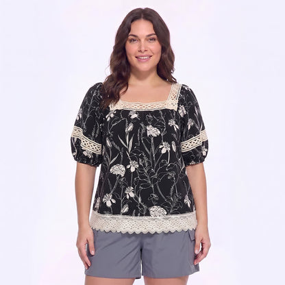 Vintage Bluse mit floraler Spitze und eckigem Ausschnitt - Schwarz - 4XL - image 0