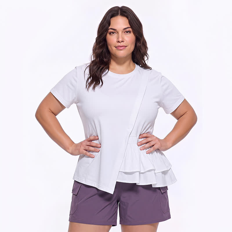 Asymmetrische Bluse mit Rüschensaum und kurzen Ärmeln - Weiß - 4XL - image 4