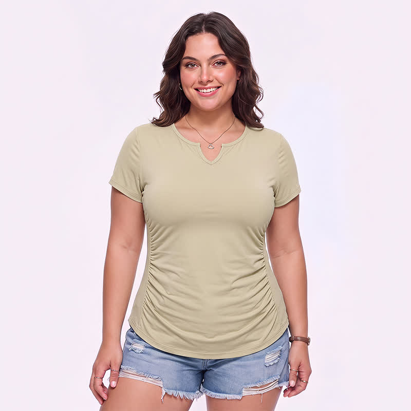 Sportshirt mit V-Ausschnitt und Raffung in Übergröße - Khaki - 5XL - image 0