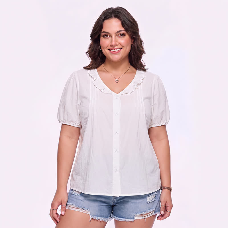 Rüschenbluse mit V-Ausschnitt und Knopfleiste für jeden Tag - Weiß - 4XL - image 3