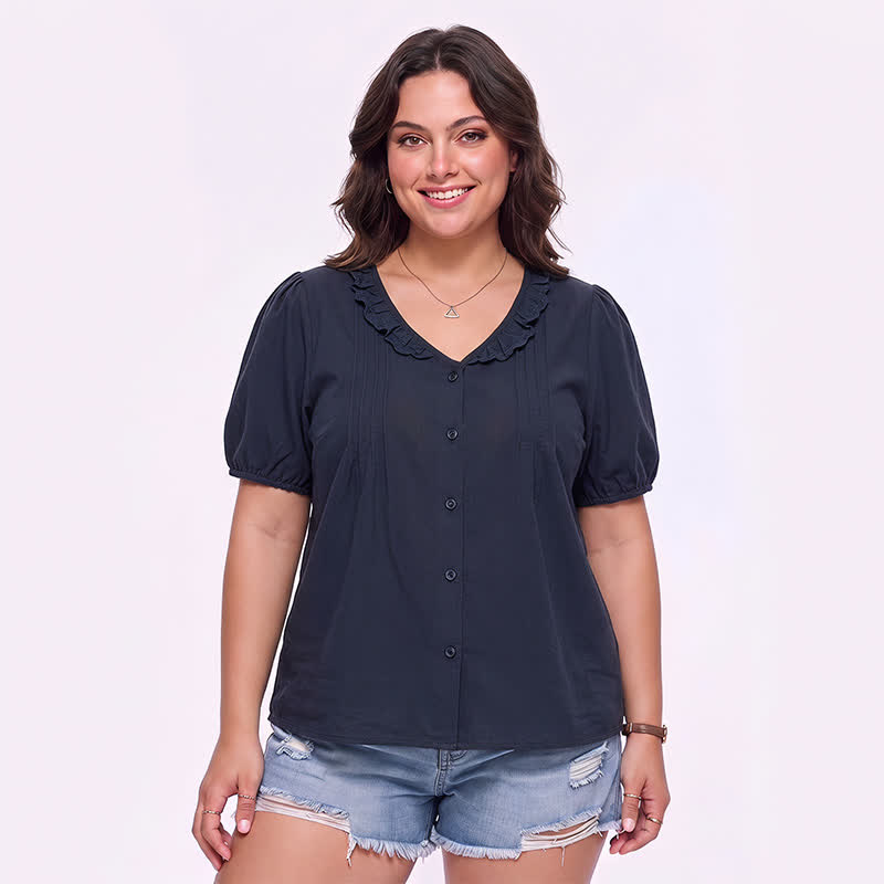 Rüschenbluse mit V-Ausschnitt und Knopfleiste für jeden Tag - Marineblau - 4XL - image 6