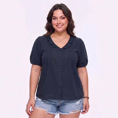 Rüschenbluse mit V-Ausschnitt und Knopfleiste für jeden Tag - Marineblau - 4XL - image 6