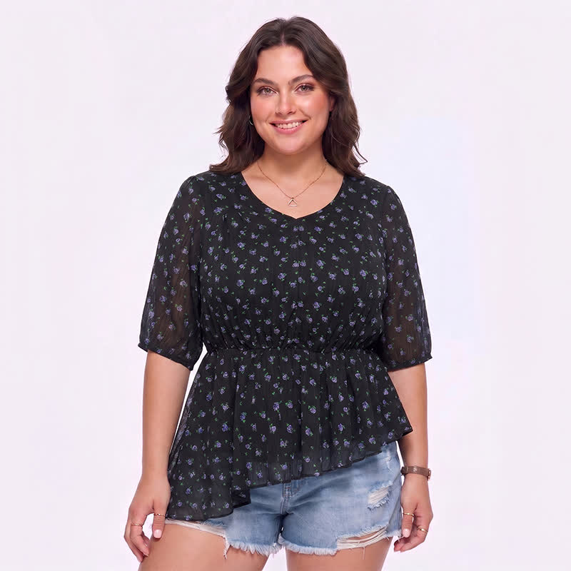 Plus Size Bluse aus Chiffon mit floralem Schößchen - Blau - 4XL - image 0