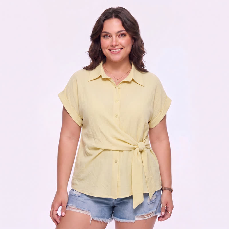 Luftige Sommerbluse mit Bindegürtel, Kragen und Knopfleiste - Gelb - 3XL - image 0