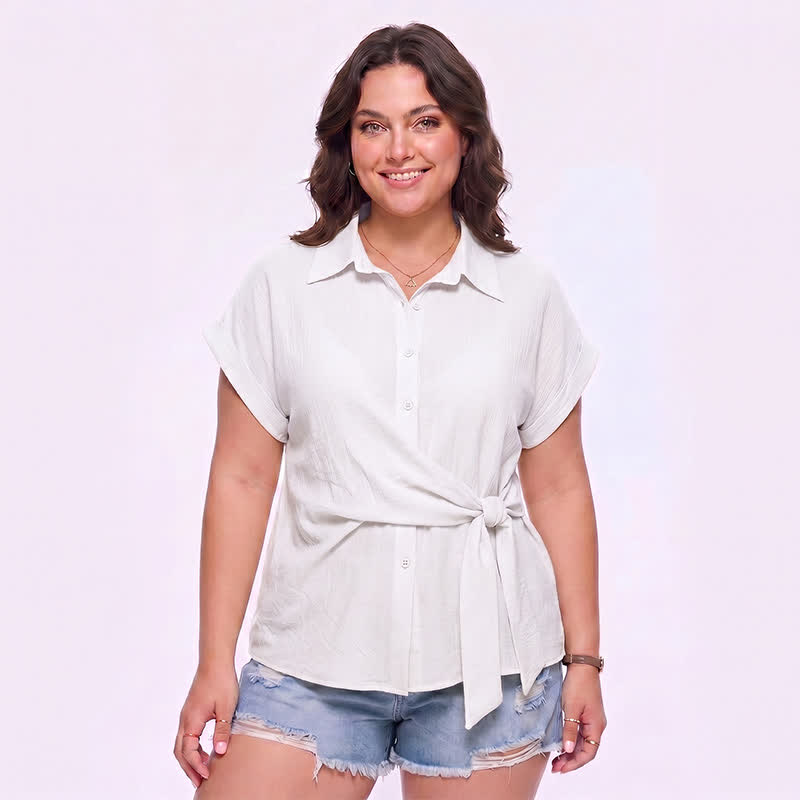 Luftige Sommerbluse mit Bindegürtel, Kragen und Knopfleiste - Weiß - 3XL - image 8