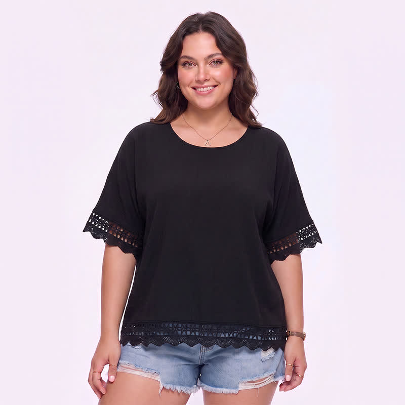 Bluse in Übergröße mit Spitzenbesatz und kurzen Ärmeln - Schwarz - 3XL - image 4