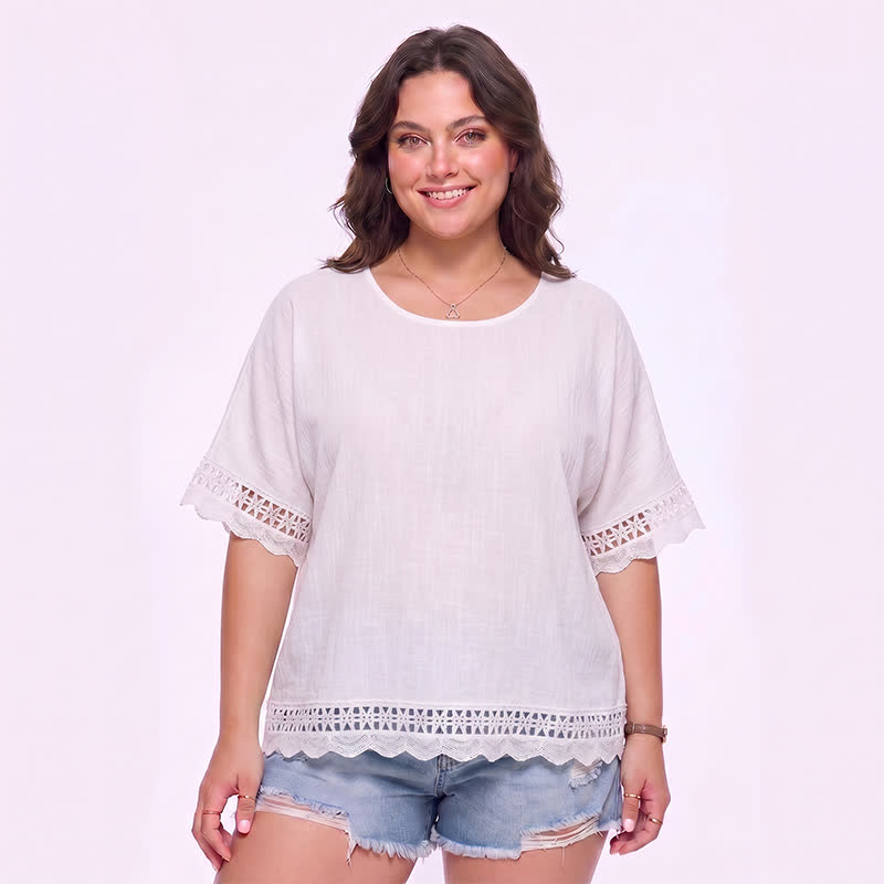 Bluse in Übergröße mit Spitzenbesatz und kurzen Ärmeln - Weiß - 3XL - image 0