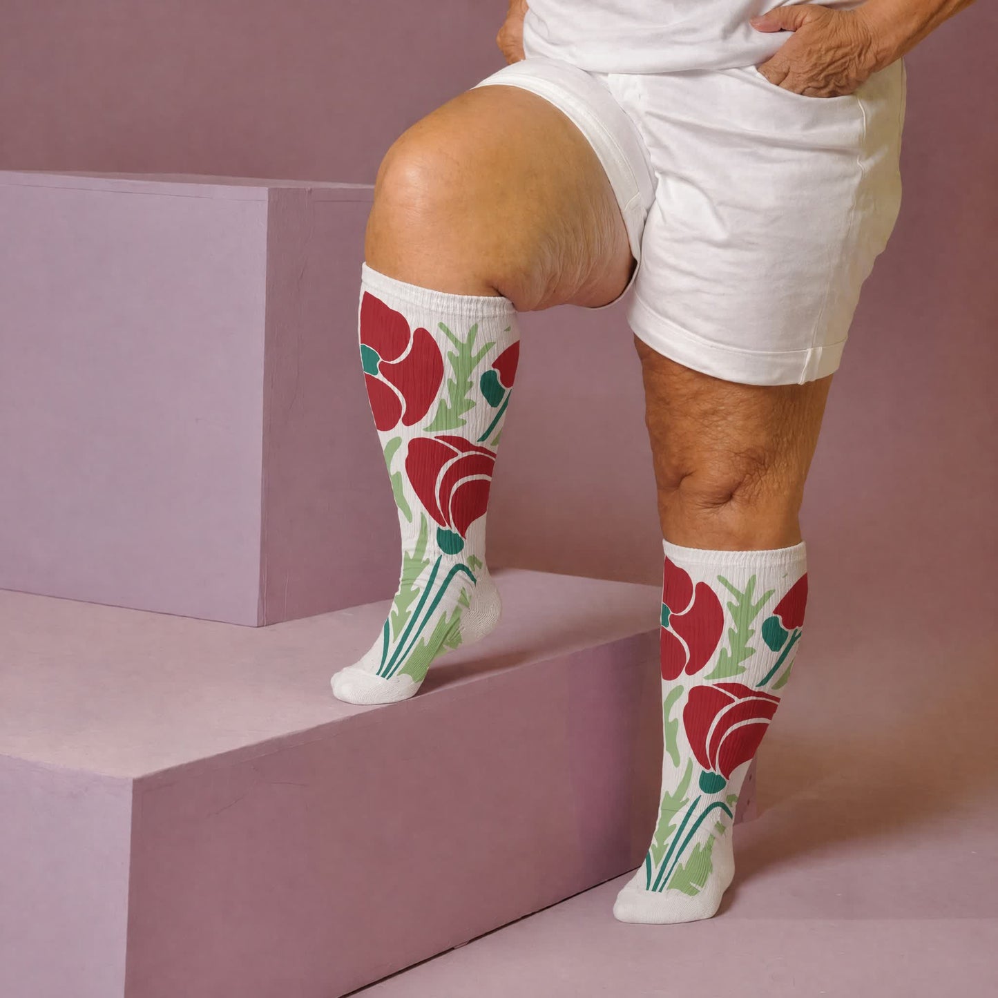 Kompressionsstrümpfe mit Blumenmuster in Übergröße - Weiß (1 Paar) - 4XL - image 3