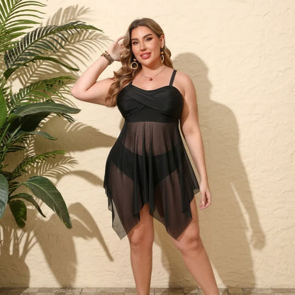 Schwarzes, transparentes Wickelbadekleid-Set aus Mesh, zweiteilig - image 2