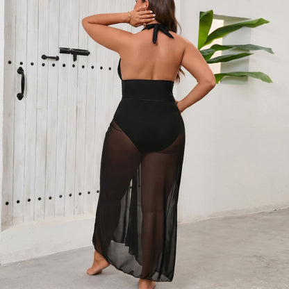 Elegante schwarze Neckholder-Bademode mit tiefem Ausschnitt und Mesh-Einsatz - image 1