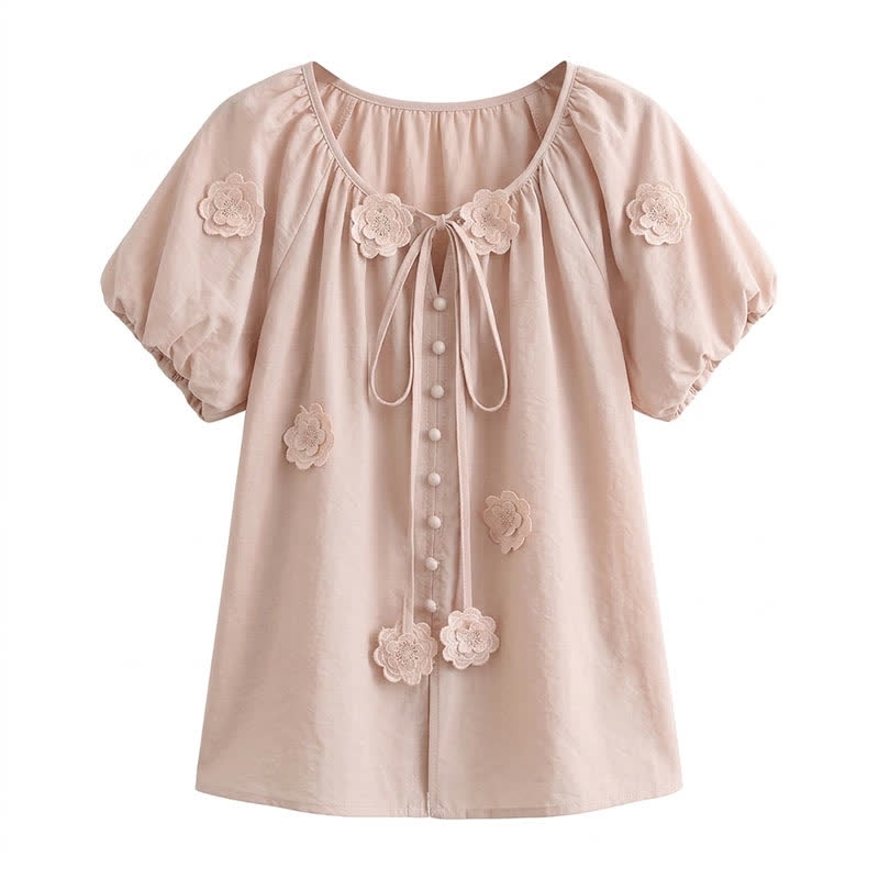Bluse mit floralen Applikationen, Puffärmeln und Bindeband vorne - Rosa - 4XL - image 4