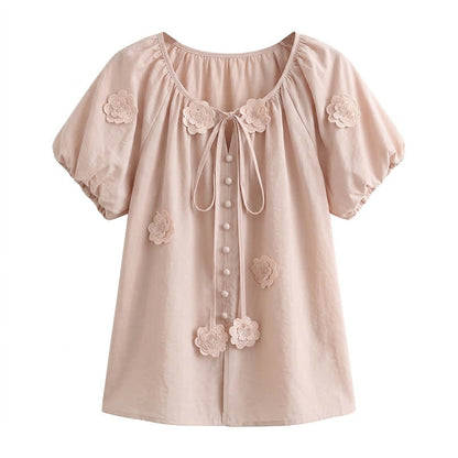 Bluse mit floralen Applikationen, Puffärmeln und Bindeband vorne - Rosa - 4XL - image 4