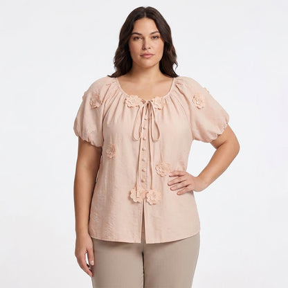 Bluse mit floralen Applikationen, Puffärmeln und Bindeband vorne - image 0