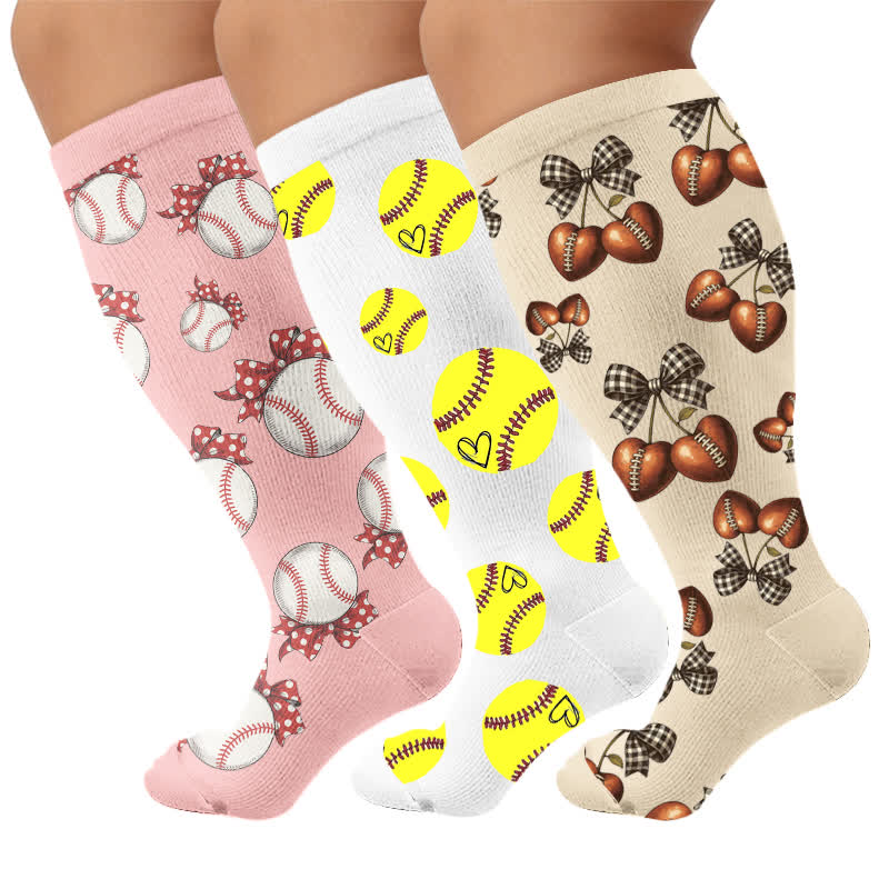 Plus Size Baseball Bow Ribbed Compression Socks - Mehrfarbig (3 Paare) - 4XL - image 4